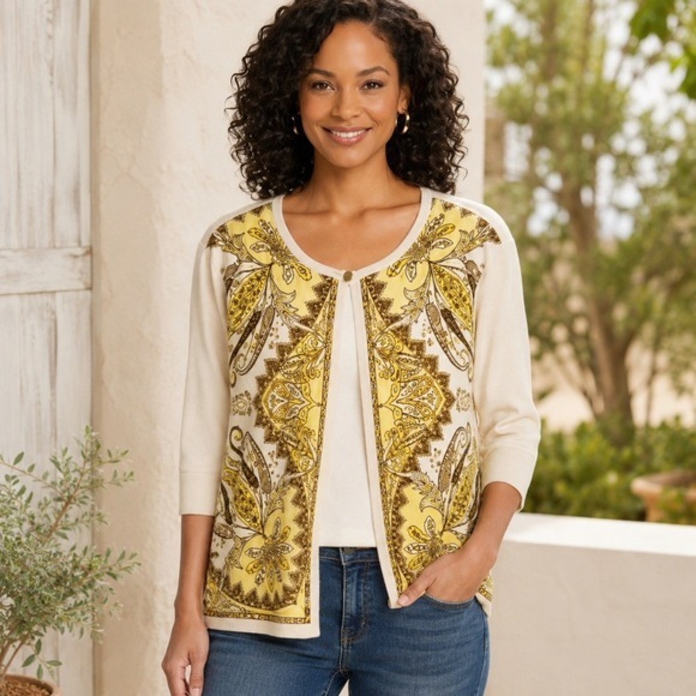 Talbots Silk Cotton Paisley Short Sleeve Cardigan Sweater L